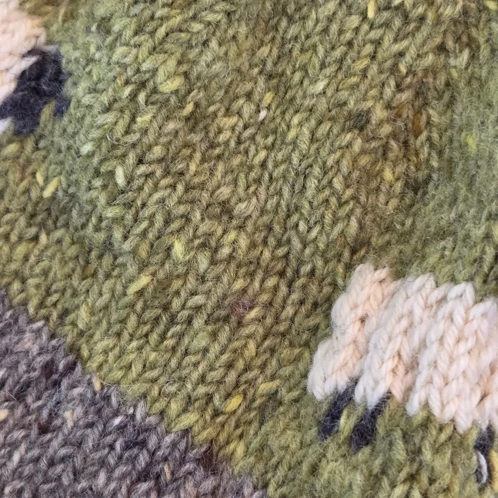 Hand-Knit Wool Beanie Ireland Artisan Sheep Motif Winter Hat NWOT Green Gray